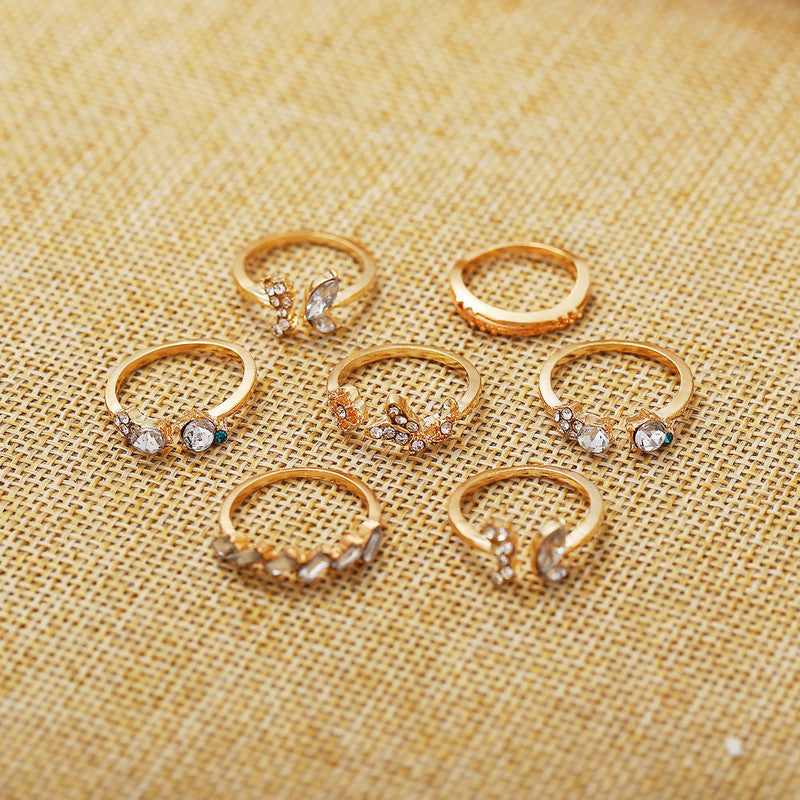  Gold Plated Seven Piece White Crystal butterfly Ring Set For women and Girls.