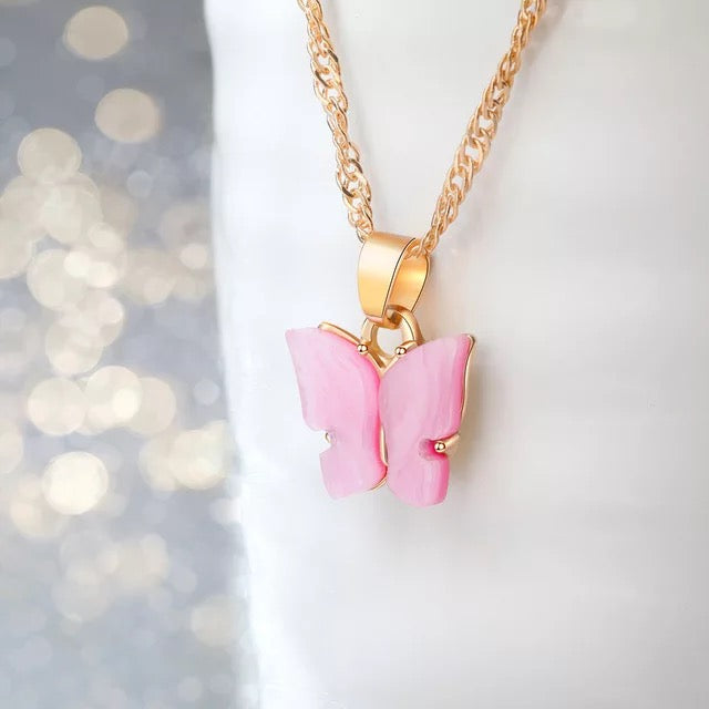 Vembley Charming Gold Plated Dark Pink Butterfly Pendant Necklace for Women and Girls - Vembley