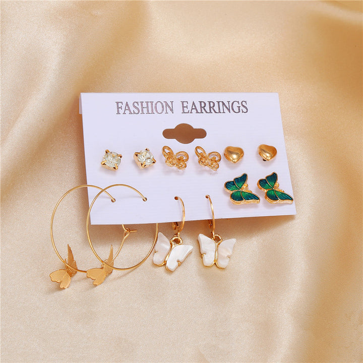 Vembley Combo 6 Pair Elegant Gold Plated Crystal Butterfly Studs and Hoops Earrings for Women and Girls