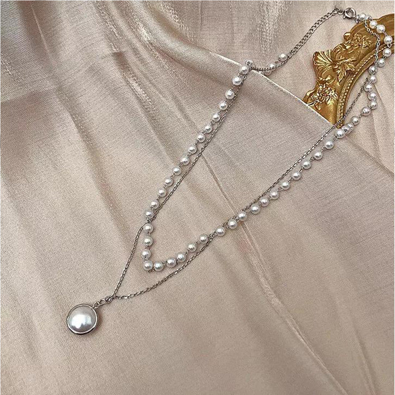 Pack Of 2 Layered Pearl And Heart Chain Lock Pendant