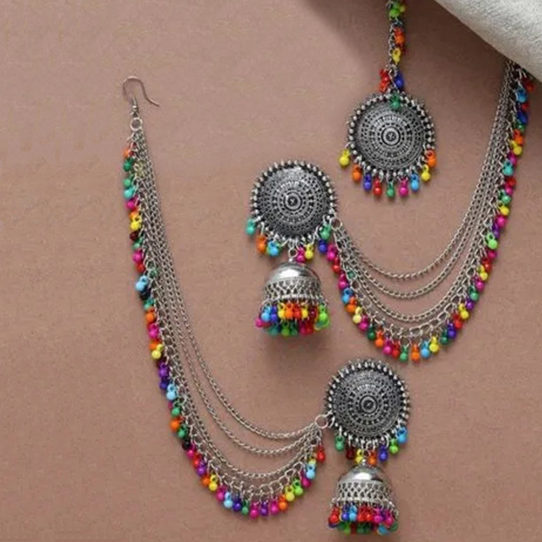 Silver Multicolor Bahubali Chain Jhumka With Maang Tikka