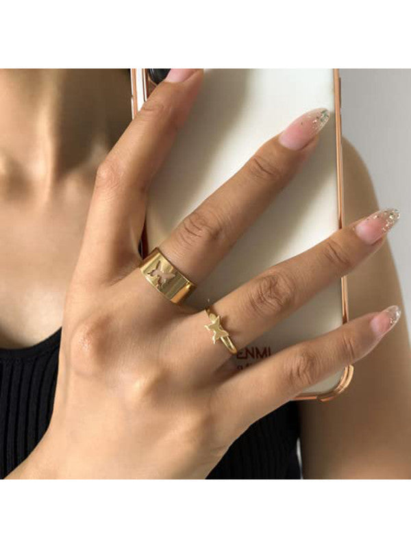 Combo of 2 Stylish Gold Plated Star and Butterfly Couple Ring For Women & Men