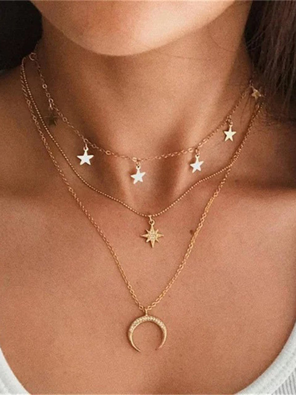 Vembley Combo Of Triple Layered Studded Star Moon Pendant Necklace With Earrings Set For Women and Girls