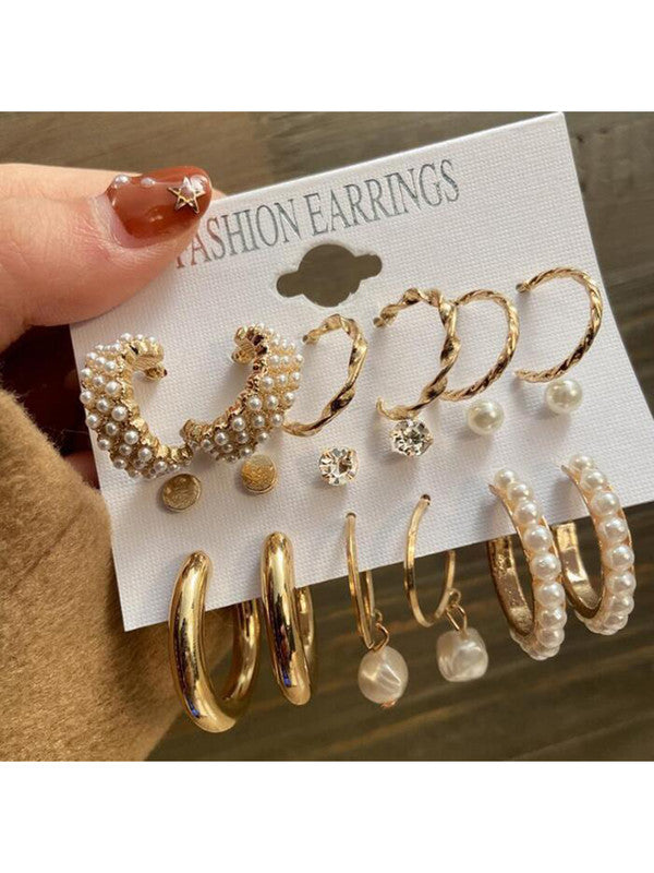 Combo of 14 Pair Stunning Gold Plated Studs and Pearl Hoop Earrings