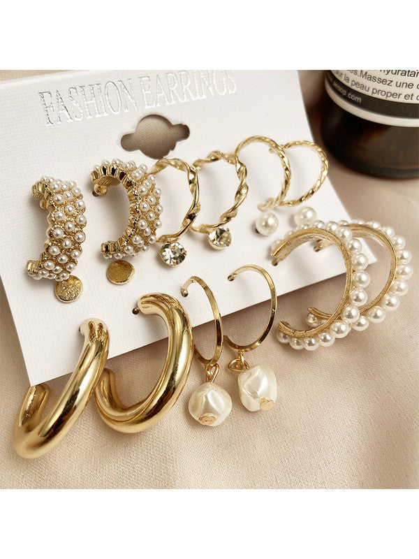 Combo of 14 Pair Stunning Gold Plated Studs and Pearl Hoop Earrings