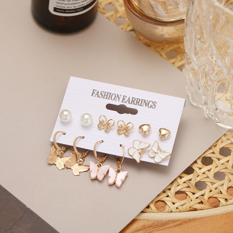 Vembley Combo 6 Pair Elegant Gold Plated Crystal Butterfly Design Studs and Hoop Earrings for Women and Girls