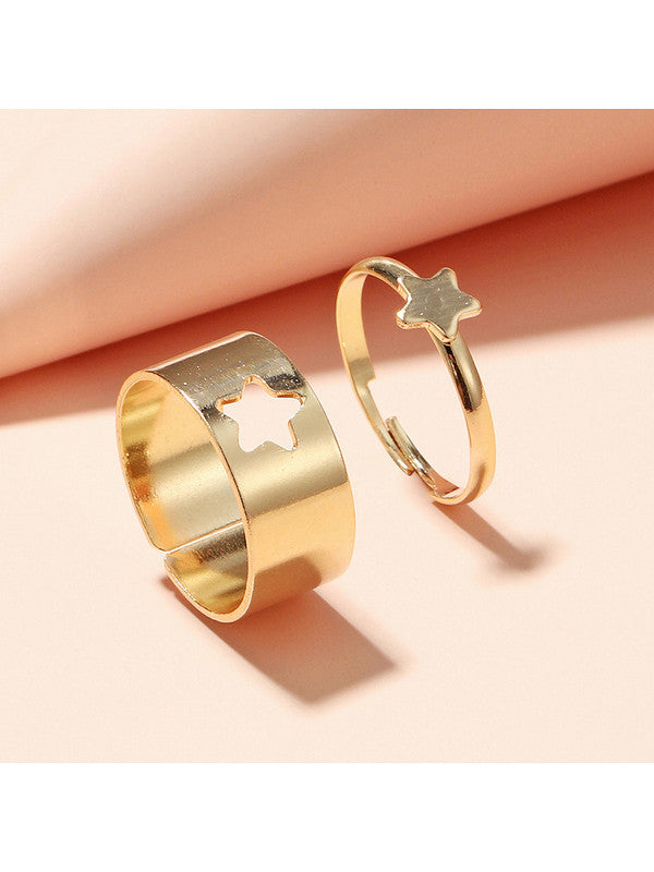 Combo of 2 Pretty Gold Plated Star and Half Moon Couple Ring For Men and Women