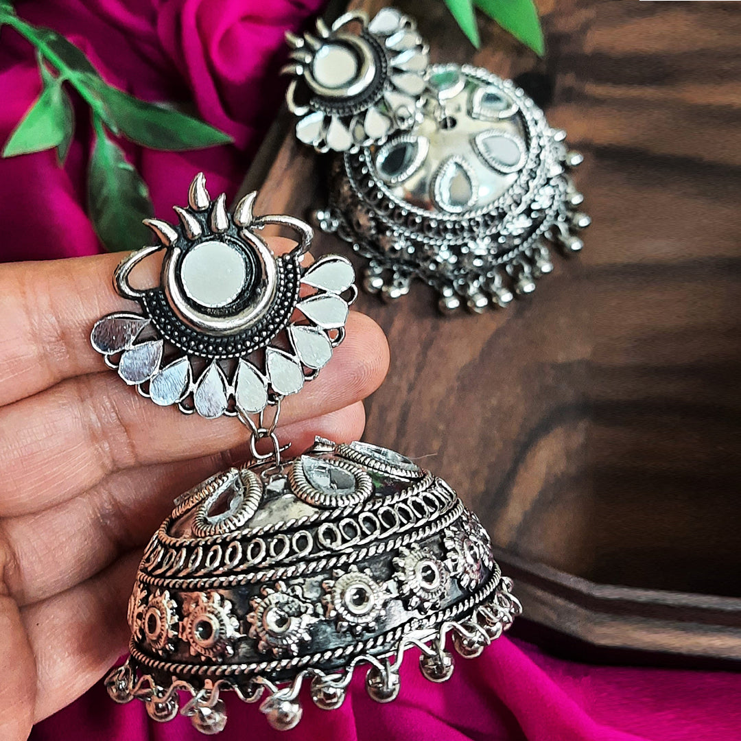 Oxidized Black Silver Afghani Mirror Jhumki - Main Image