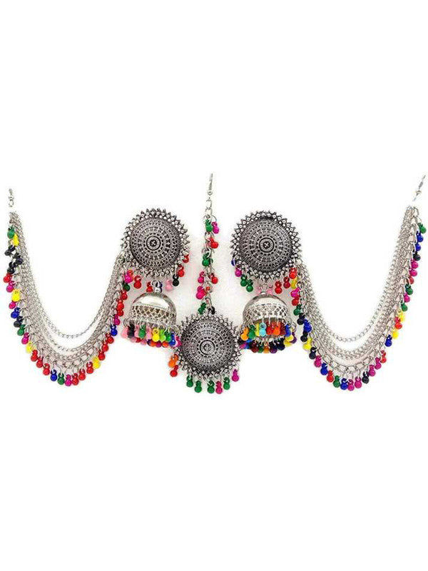 Vembley Combo of Traditional Silver Multicolor Bead Hanging Bangle Bracelet and Bahubali Earrings for women and Girls