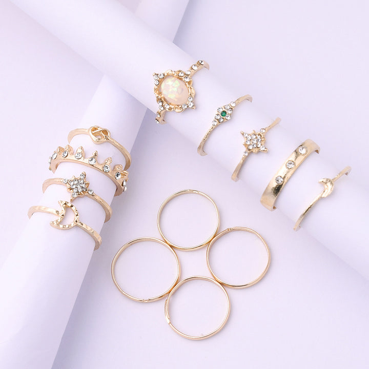 Twelve Piece Crystal Eye Moon Star Crown Ring Set