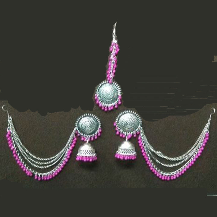 Silver Pink Bahubali Chain Jhumka With Maang Tikka
