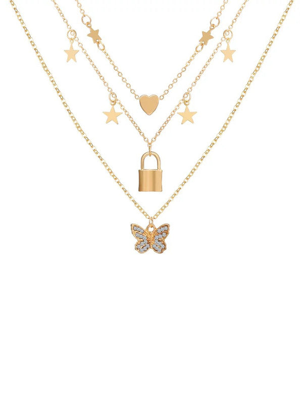 Vembley Combo Of Triple Layered Studded  Butterfly Pendant Necklace With Earrings Set For Women and Girls