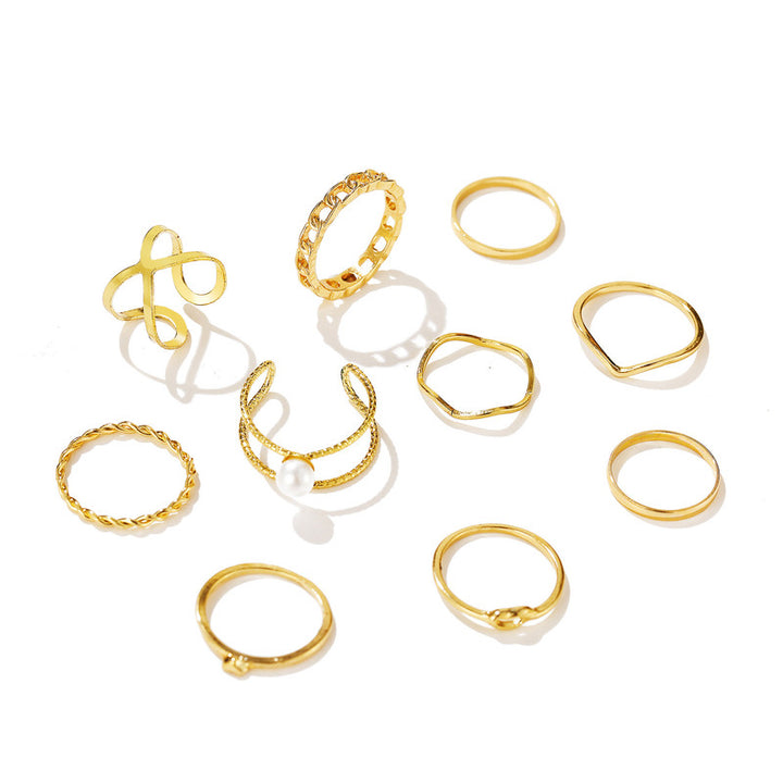 Vembley Gold Plated 10 Piece Infnity Chain Pearl Cross Ring Set For Women and Girls