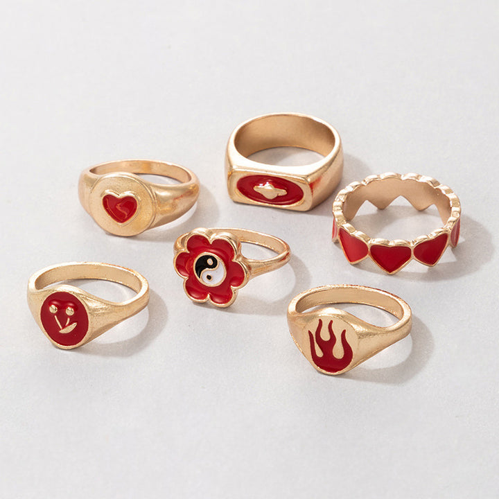 Flower Heart Cherry Red 6 Pcs Ring Set