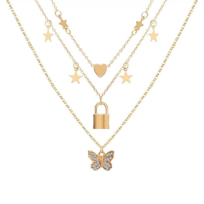 Gold Plated Triple Layered Butterfly Heart Necklace