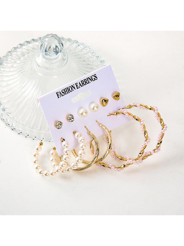Combo of 12 Pair Trendy Gold Plated Pearl Crystal Heart Studs and Hoop Earrings