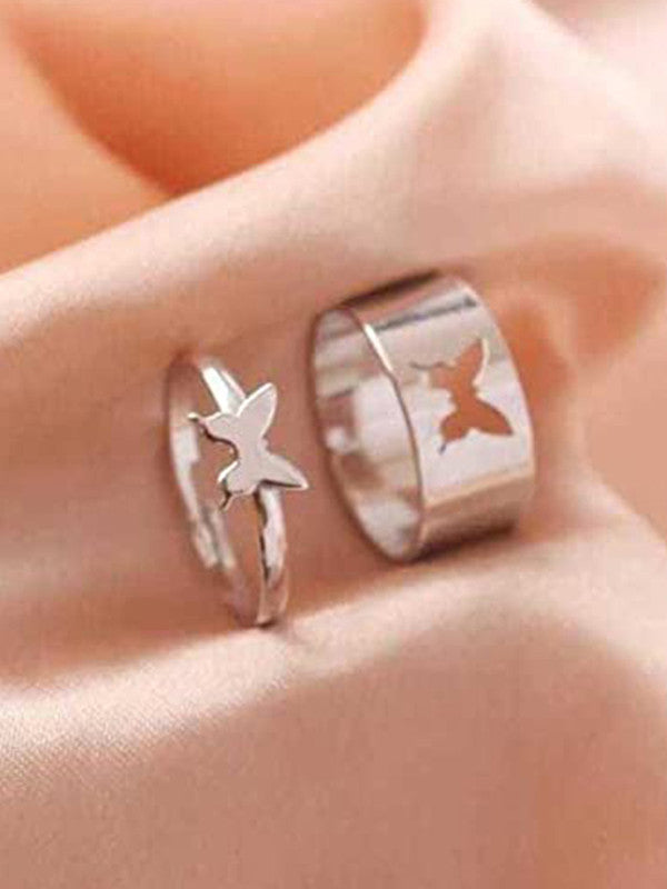 Combo of 2 Lavnish Silver Plated Heart and Butterfly Couple Ring For Women & Men