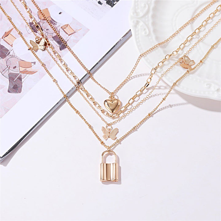 Golden Multi Layered Heart Butterfly Necklace