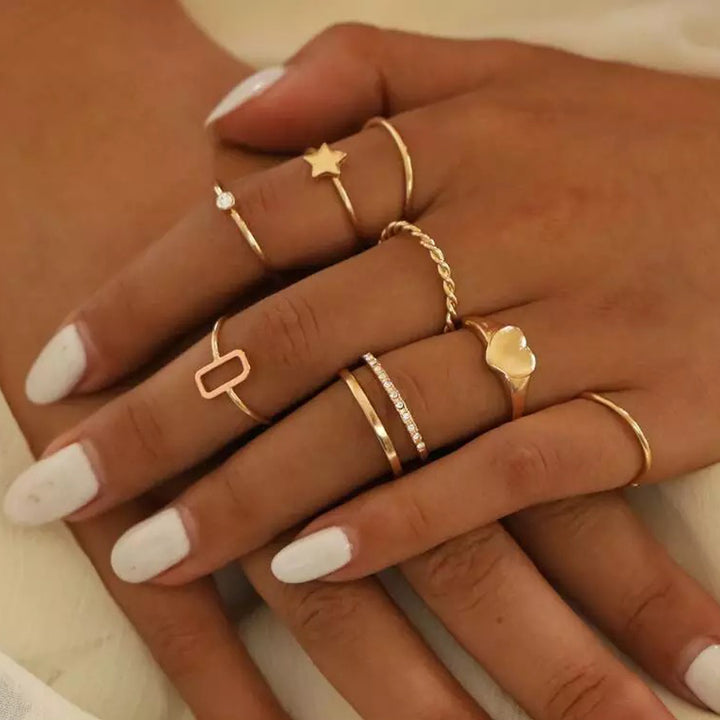 Gold Plated 8 Piece Star Heart Cross Chain Ring Set