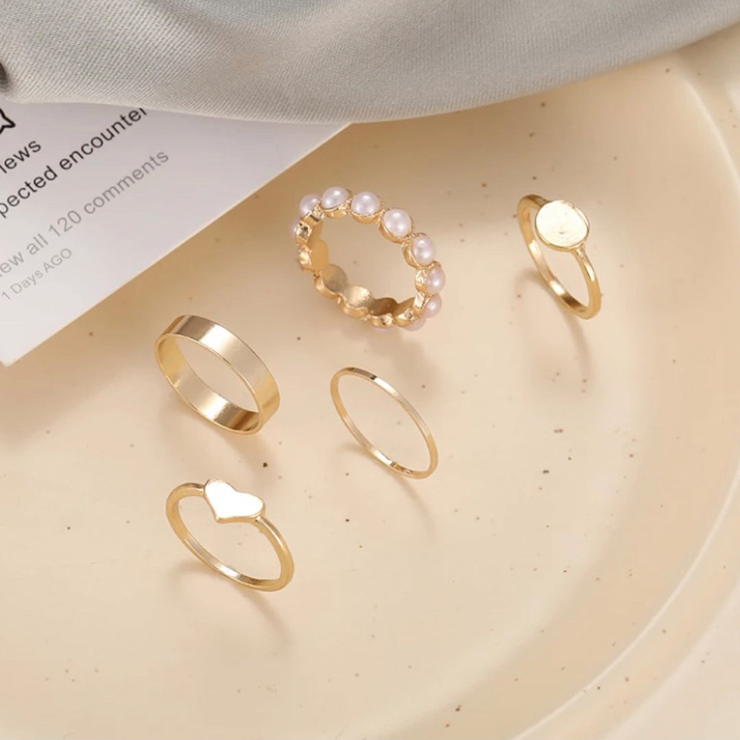 Gold Plated 5 Piece Pearl Heart Circle Plain Ring Set