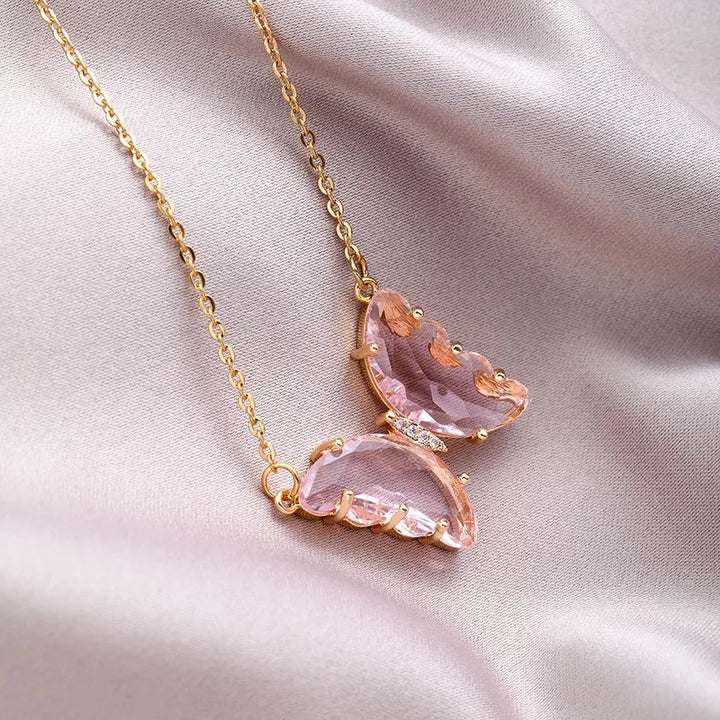 Vembley Charming Gold Plated Pink Crystal Butterfly Pendant Necklace for Women and Girls