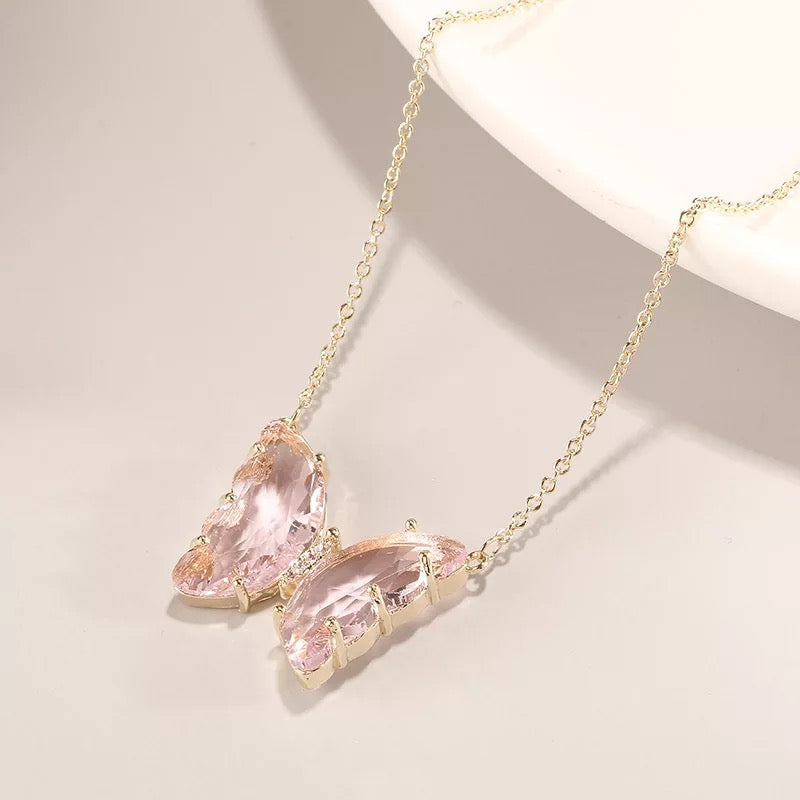 Vembley Charming Gold Plated Pink Crystal Butterfly Pendant Necklace for Women and Girls