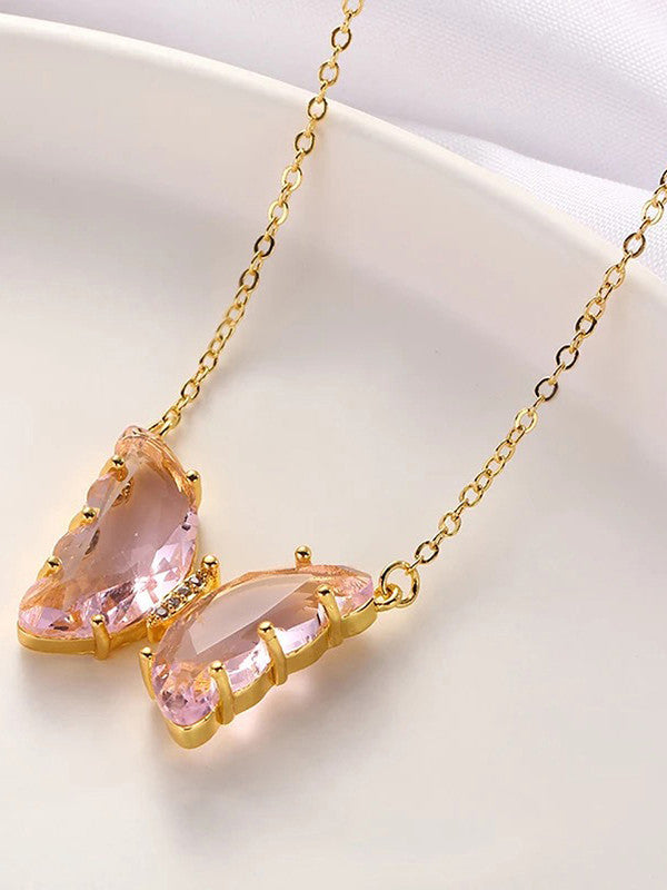 Combo of Stylish Gold Plated Pink Crystal Butterfly Pendant Necklace With Ring