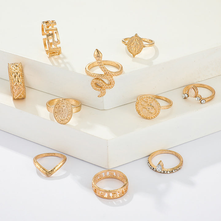 Vembley Fashion Gold Plated 10 Pcs Snake, Studded, Zig zag Boho Midi Finger Ring for Women and Girls