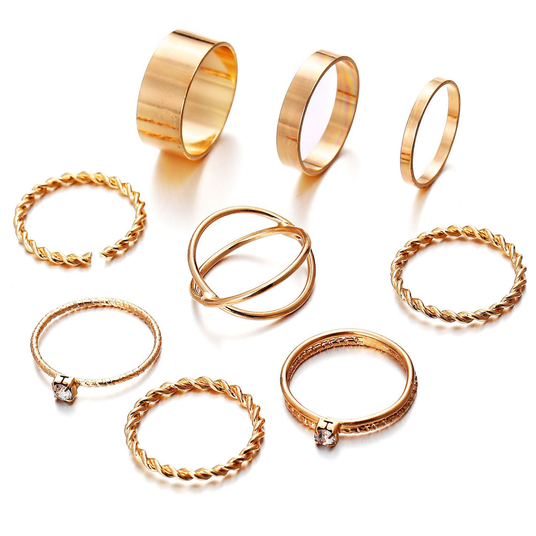 Gold Plated Nine Piece Multi Designs Ring Set