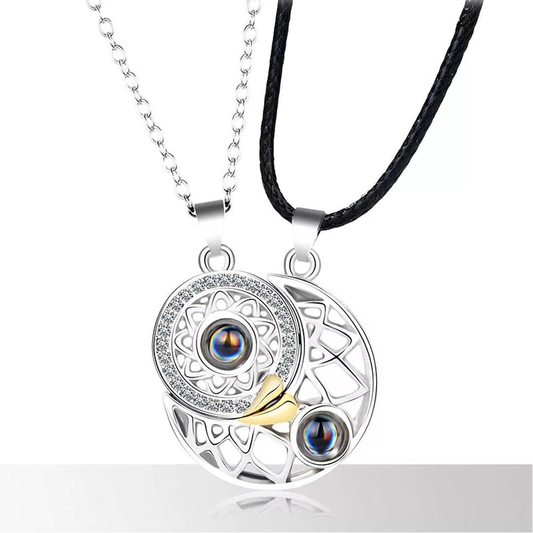 Sun and Moon Magnetic Necklace for Couples saying "I Love You" in 100 languages