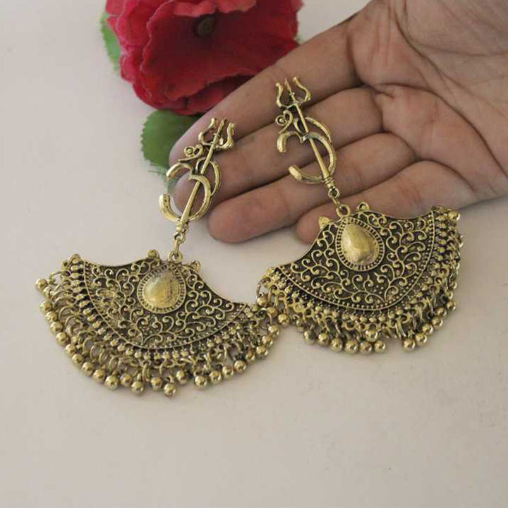 Oxidised Om Trishul Earrings With Drop Beads