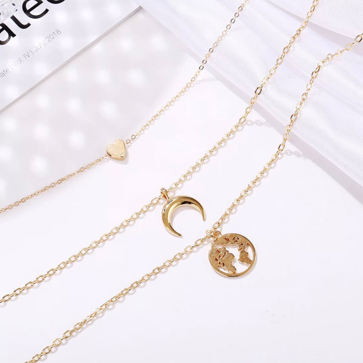 Pack of 2 Triple Layered Heart Lock & Moon Earth Necklace