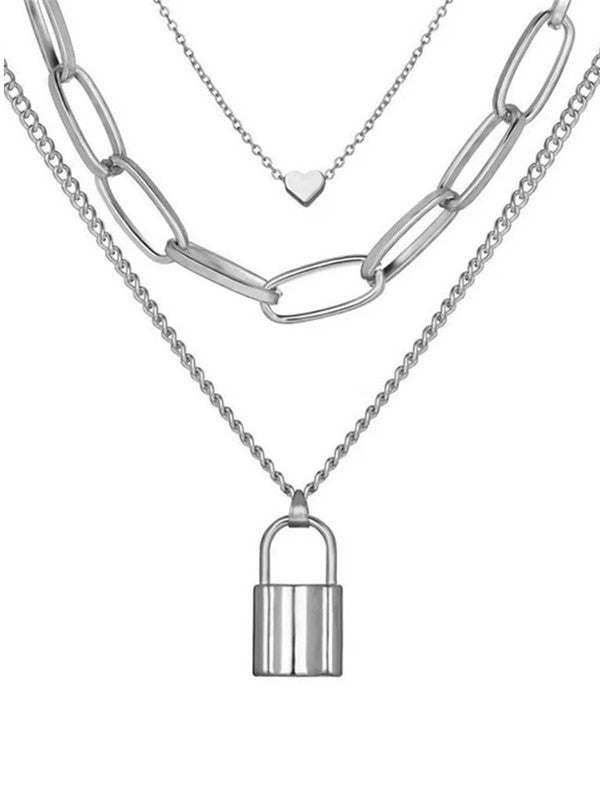 Vembley Combo Of Silver Heart Lock Pendant Necklace  With Earrings Set For Women and Girls