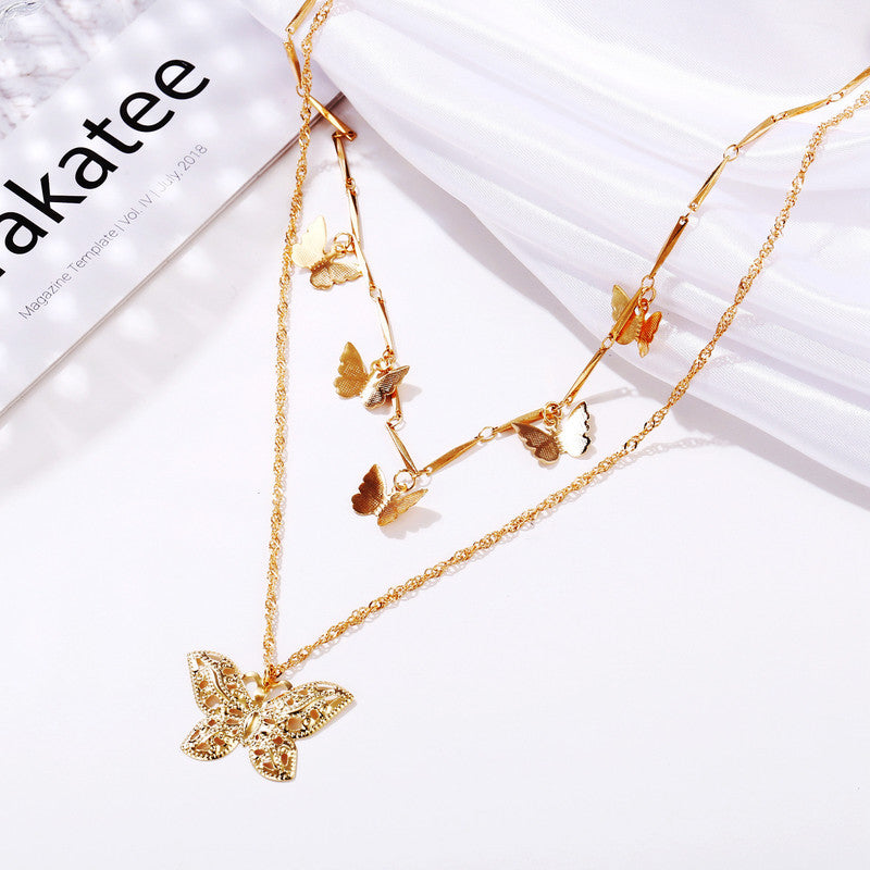 Vembley Pack of 2 Gorgeous Gold Plated Layered Heart Lock & Butterfly Pendant Necklace For Women and Girls