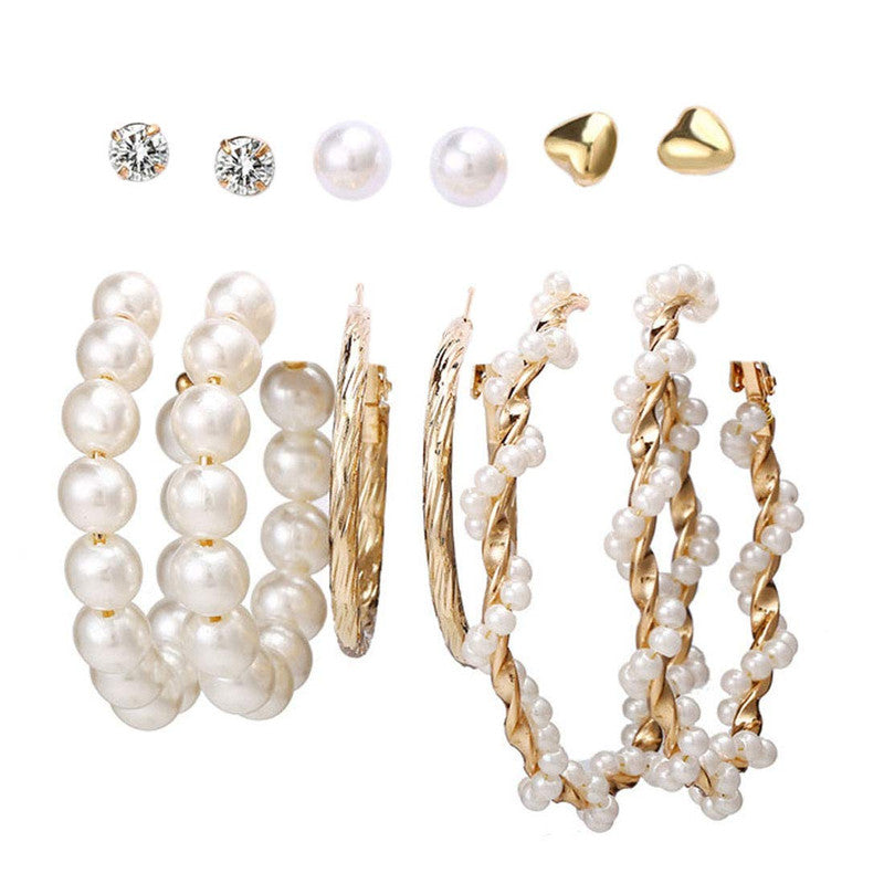 Vembley Combo 6 Pairs Fashion Gold Plated Crystal Pearl Studs & Big Hoop Earrings Set for Women and Girls