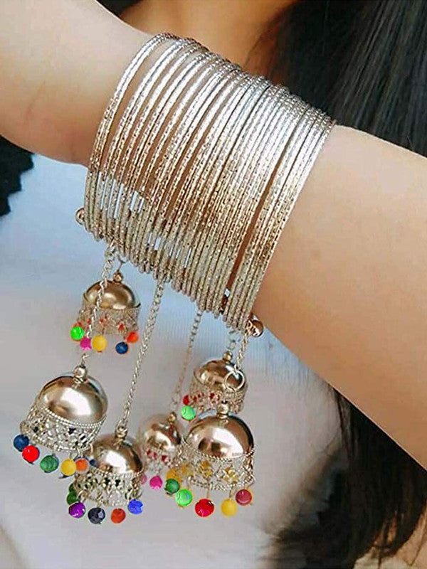 Vembley Combo of Traditional Silver Multicolor Bead Hanging Bangle Bracelet and Bahubali Earrings for women and Girls