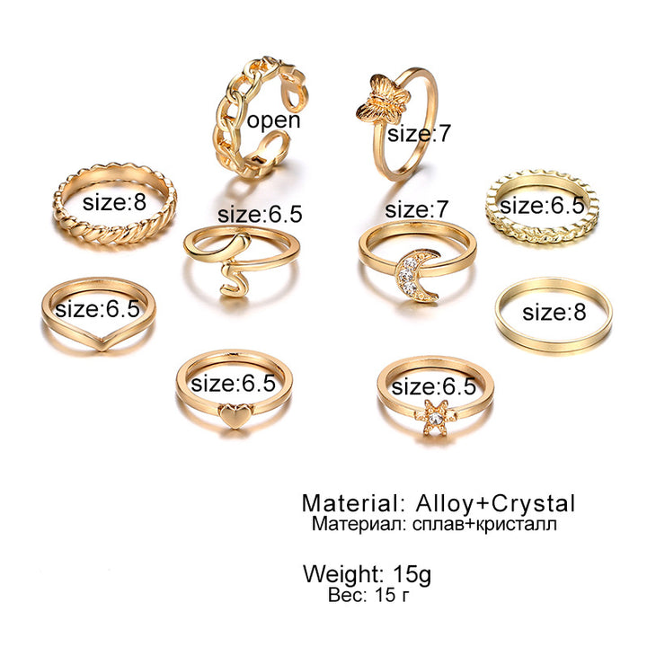 Vembley Gold Plated 10 Piece Moon Star Heart Butterfly Chain Ring Set For Women and Girls