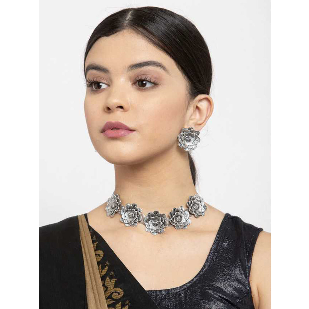 Oxidised Silver Flower Choker with Stud Earrings