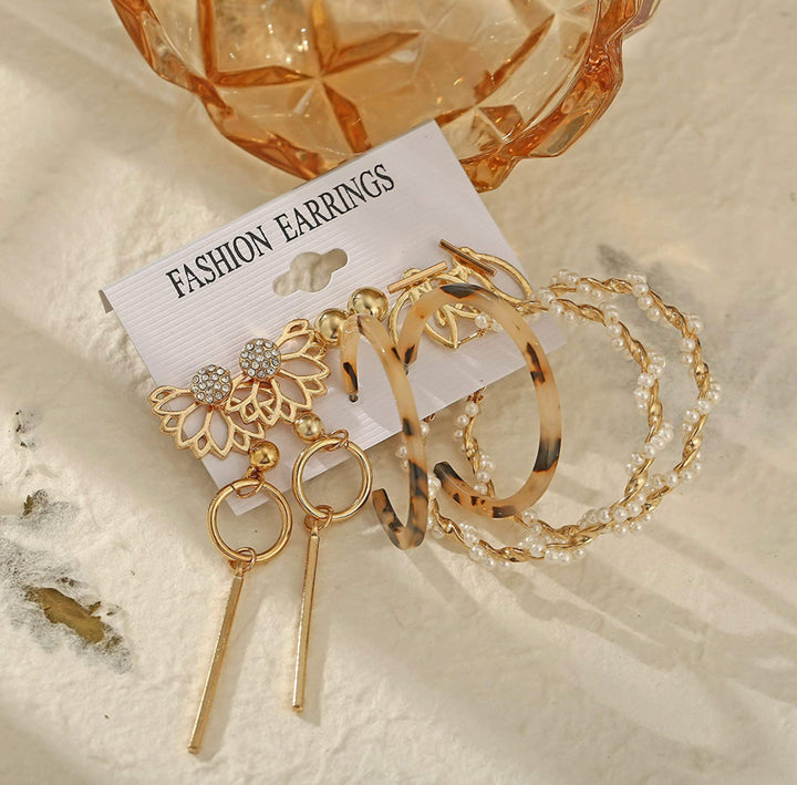 6 Pair Pearl Marble Hoop And Flower Stud Earrings