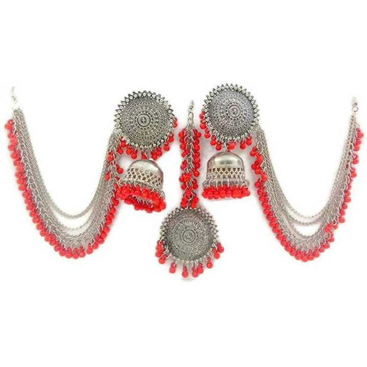 Silver Red Bahubali Chain Jhumka With Maang Tikka