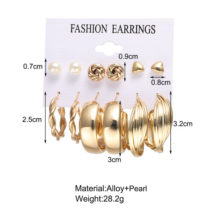 6 Pair Twisted Chain Hoop and Pearl Stud Earrings