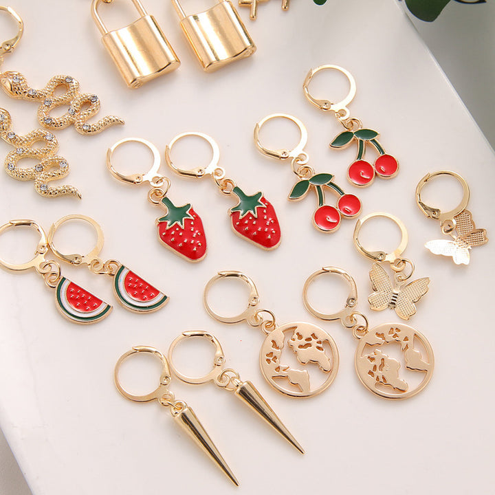 Combo of 9 Pair Stylish Fruit Animal and Lock Earrings