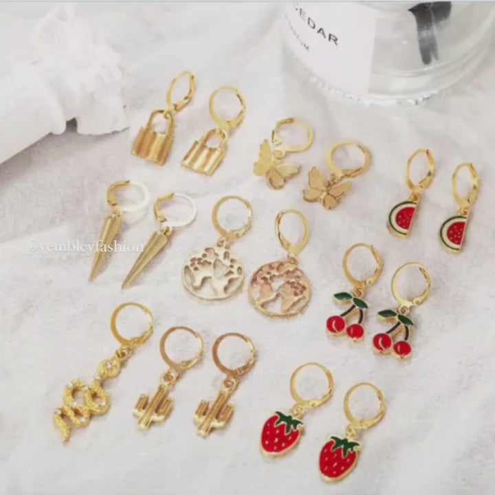 Combo of 9 Pair Fruit Animal Earth and Lock Earrings