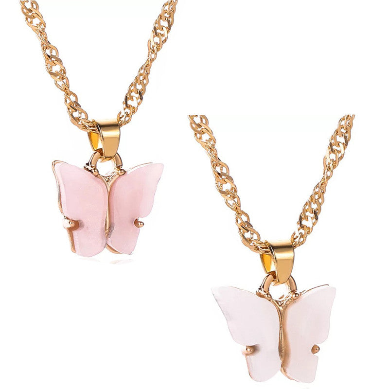 Combo of 2 Stylish Gold Plated White and Pink Mariposa Pendant Necklace
