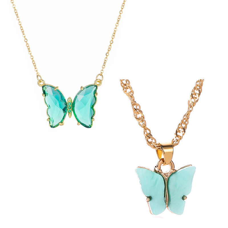 Combo of 2 Stylish Blue Crystal and Mariposa Butterfly Pendant Necklace