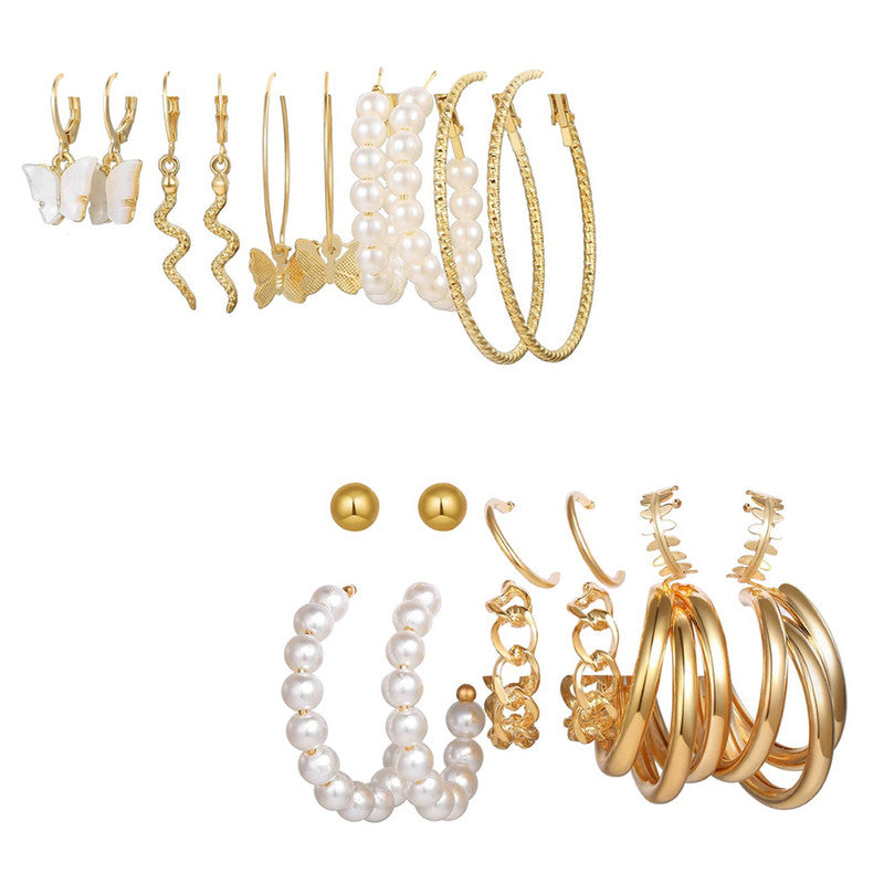 Combo of 11 Pair Lavish Gold Plated Chain & Pearl Hoop, Hoop and Studs Earrings
