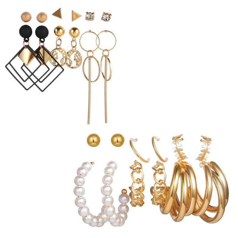 Combo of 12 Pair Stunning Gold Plated Chain & Pearl Hoop, Hoop & Studs Earrings