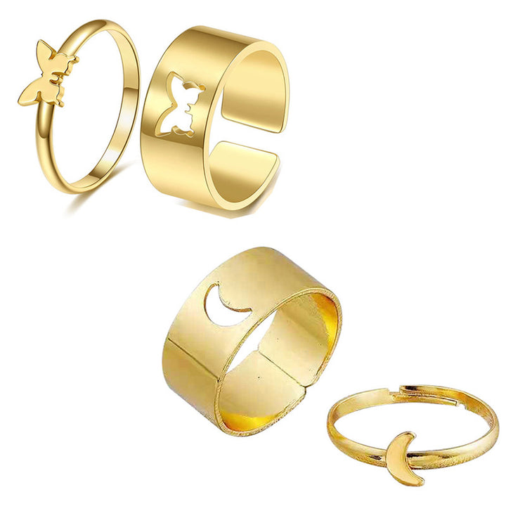 Combo of 2 Gold Plated Half Moon and Butterfly Couple Ring For Men and Women