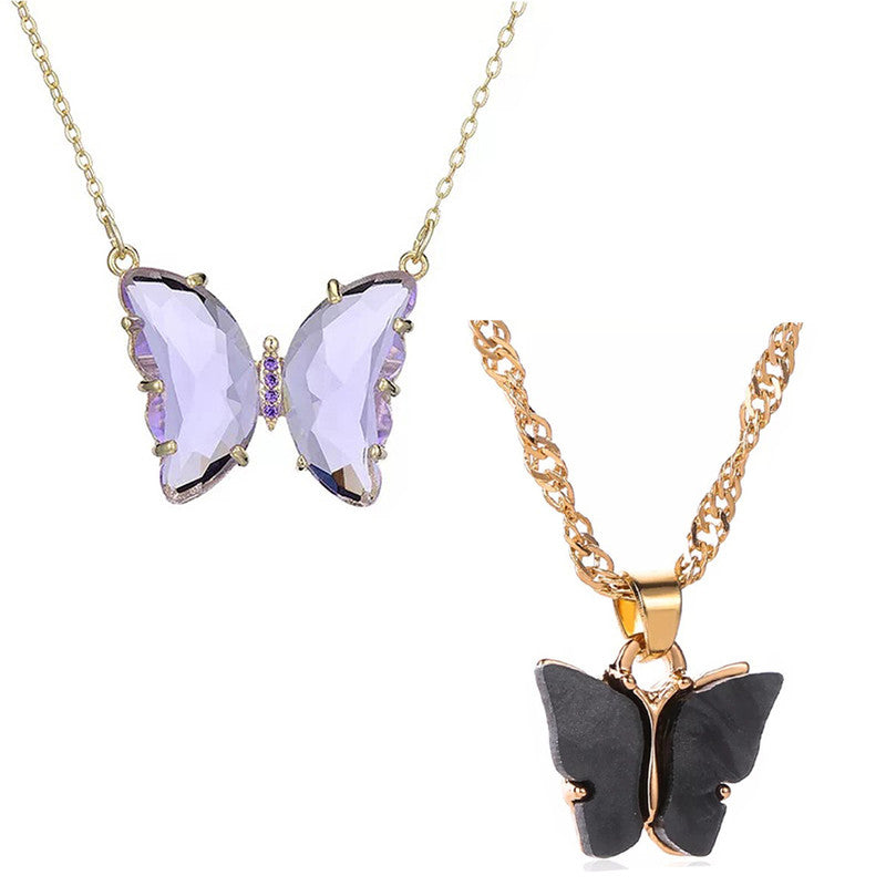 Combo of 2 Lovely Purple Crystal and Black Mariposa Butterfly Pendant Necklace