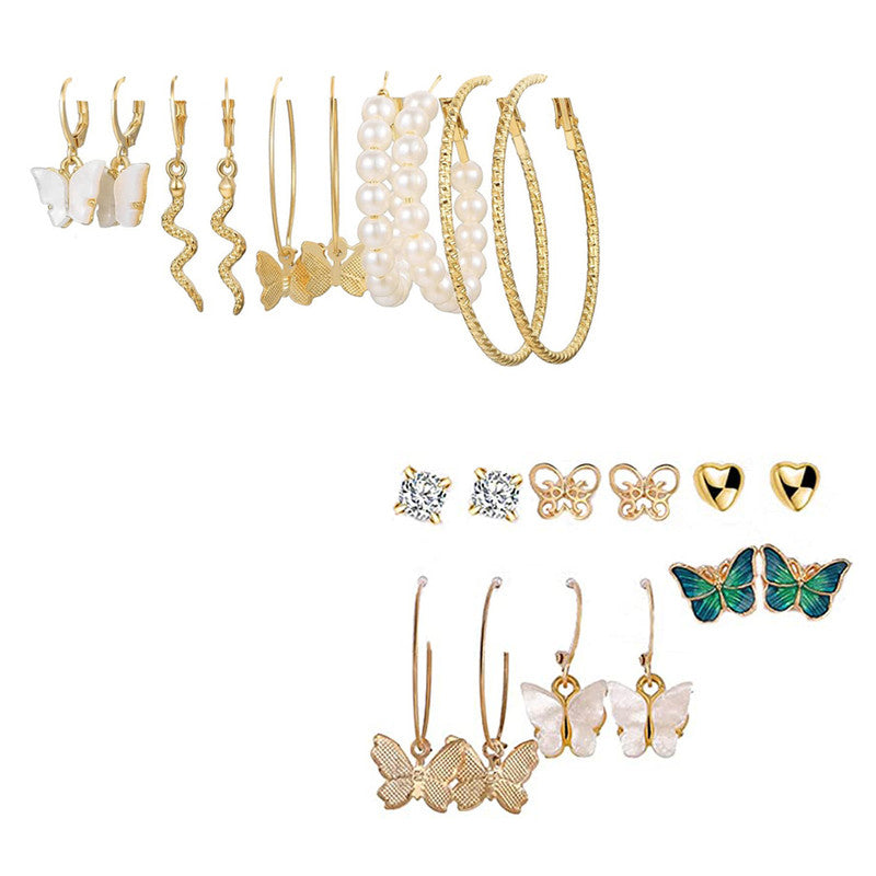 Combo of 11 Pair Gold Plated Butterfly Crystal Studs and hoop Earrings